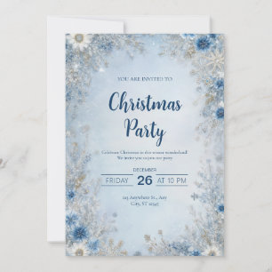 Convite Floral em Azul Prateado Floco de Neve Casamento de