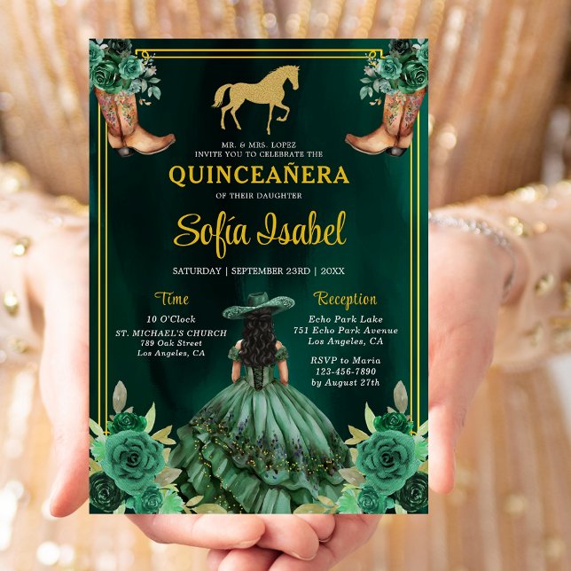 Convite Floral Emerald Green Boots Horse Quinceanera (Criador carregado)