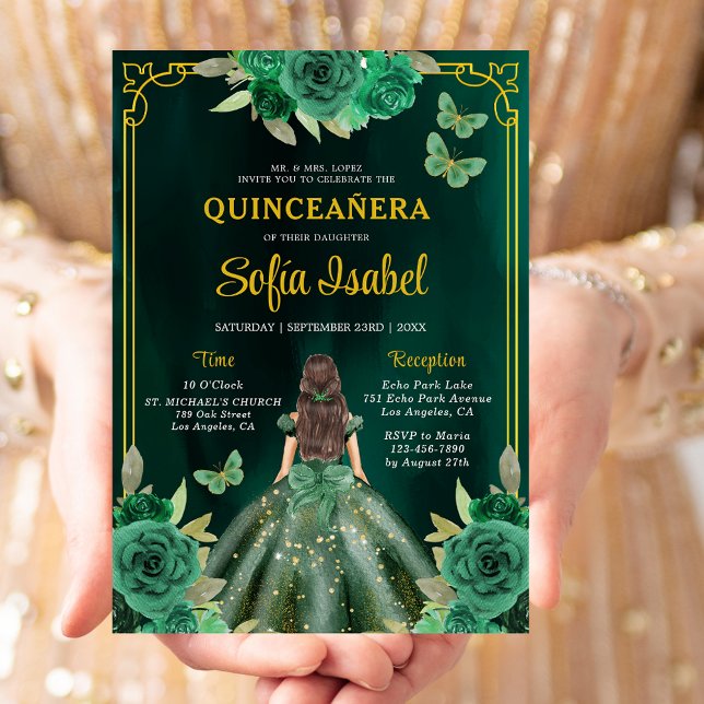 Convite Floral Emerald Green Butterfly Dourada Quinceanera (Criador carregado)