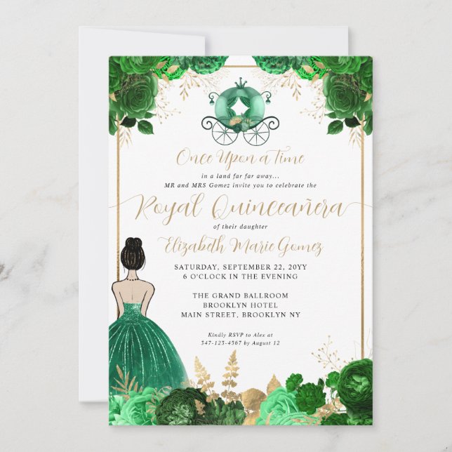 Convite Floral Emerald Green Cinderella Royal Quinceanera (Frente)