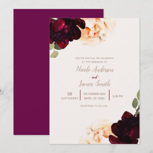 Convite Floral Escuro Creme Marsala Elegante Chic Casament