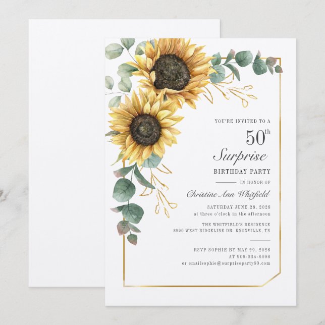Convite Floral Eucalyptus Sunflower Script 50th Birthday (Frente/Verso)