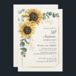 Convite Floral Eucalyptus Sunflower Script 50th Birthday<br><div class="desc">Eucalyptus Sunflower Script 60th Aniversário Convite para 60º Aniversário que você pode personalizar facilmente com os detalhes de seu partido clicando no botão "Personalizar". Apresentando um brilho amarelo floral e verde suculente com uma estrutura geométrica de folha de ouro e tipografia moderna</div>