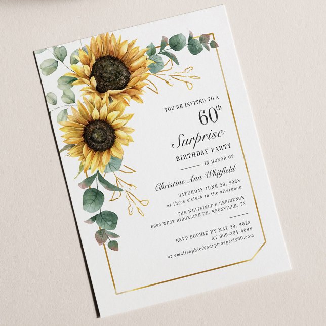Convite Floral Eucalyptus Sunflower Script 60th Birthday (Criador carregado)