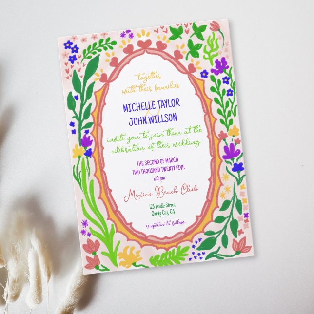 Convite Floral Excêntrico Única Caprichosa Doodle Desenhad (Unique Whimsical Floral Quirky Doodle Hand Drawn Invitation)
