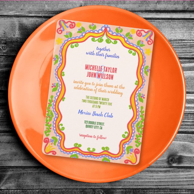 Convite Floral Excêntrico Única Caprichosa Doodle Desenhad (whimsical unique colorful hand drawn floral wedding invitation)