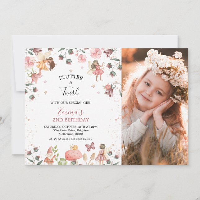 Convite Floral Fairies Girls Fotografia Festa de aniversár (Frente)