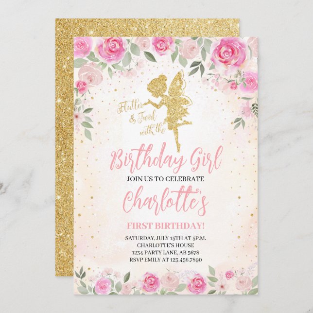 Convite Floral Fairy Birthday Dourada Glitter (Frente/Verso)