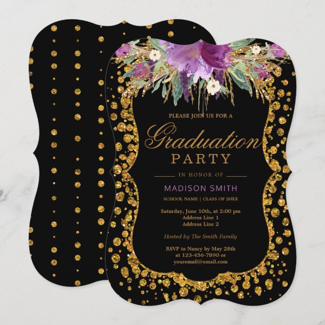 Convite Floral Faux Dourado Sparkle Confetti Festa de form (Frente/Verso)