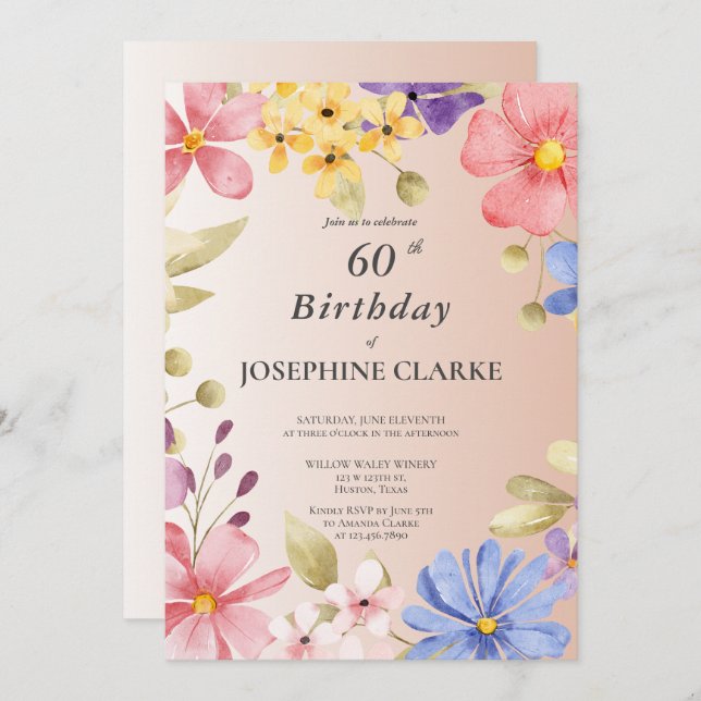 Convite Floral Feminina, Festa de aniversário 60ª (Frente/Verso)