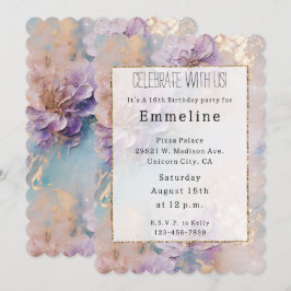 Convite Floral Feminino Roxo Azul e Dourado