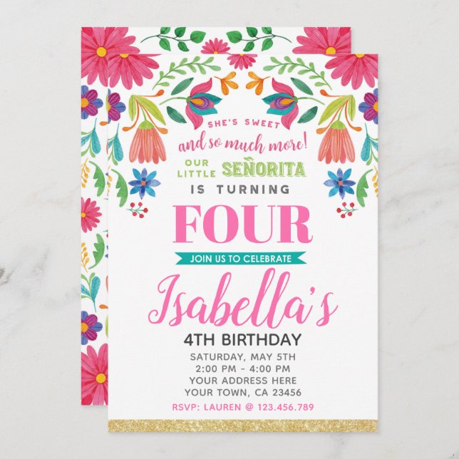 Convite Floral Fiesta 4th Birthday Invitation (Frente/Verso)