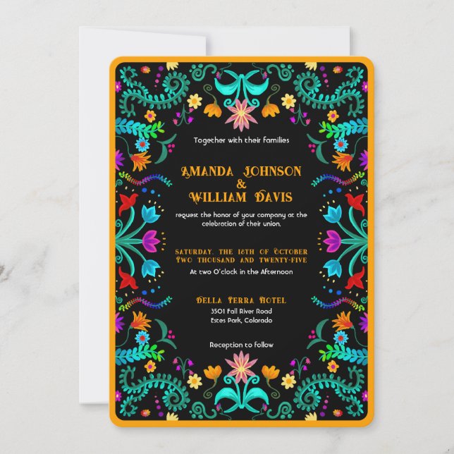 Convite Floral Fiesta Mexicana Folk Art Wedding (Frente)