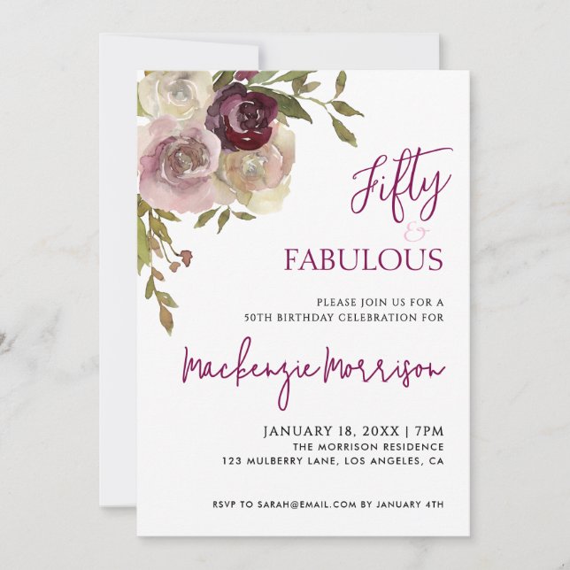 Convite Floral Fifty and Fabulous Script Birthday Party (Frente)