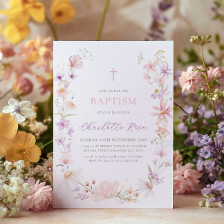 Convite Floral Flor Silvestre Rosa Batismo Batizado Menina