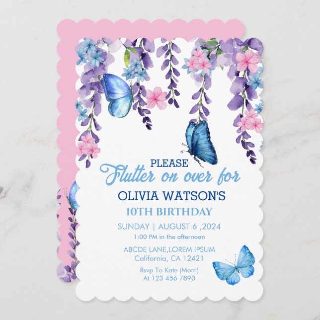 Convite Floral fofo sobre Borboletas Aniversário (Frente/Verso)