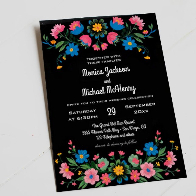 Convite Floral Folk Black Mexico Cinco de Mayo Wedding (Criador carregado)