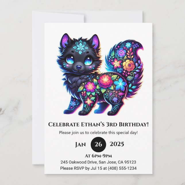 Convite Floral Folk Fantasy Wolf Birthday (Frente)