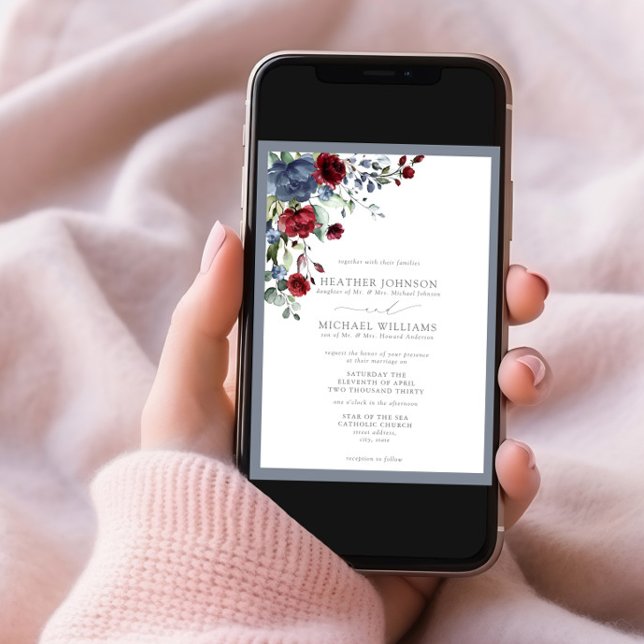 Convite Floral Formidável Azul Borgonha Aquarela (Criador carregado)