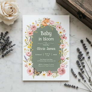 Convite Floral Fox Baby Shower Woodland Sage