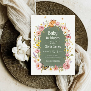Convite Floral Fox Baby Shower Woodland Sage