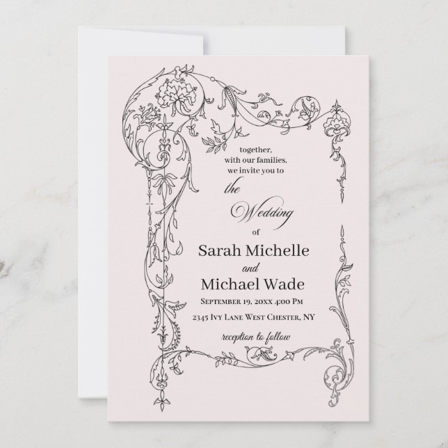 Convite Floral Frame Calligraphy Wedding Invitation (Frente)