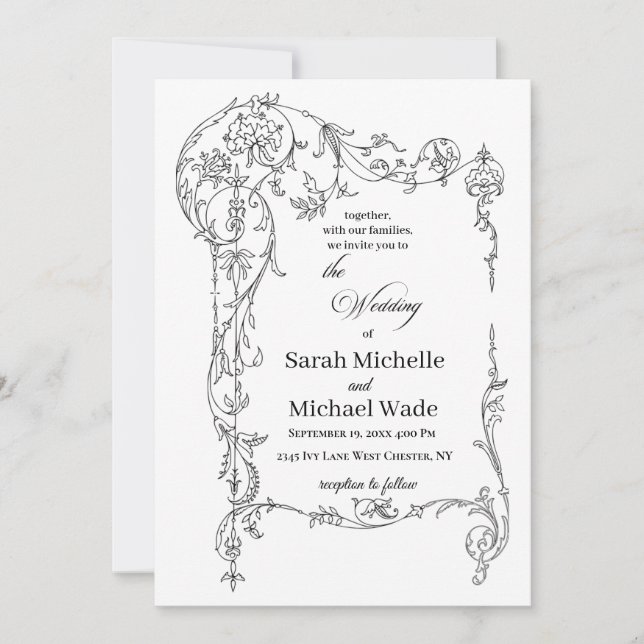 Convite Floral Frame Calligraphy Wedding Invitation (Frente)