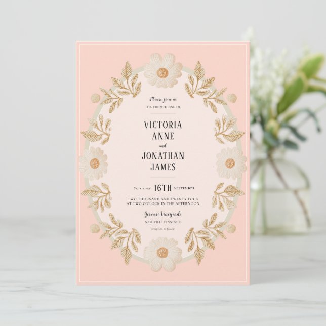 Convite Floral Frame Peach Photo Wedding Invitation (Em pé/Frente)