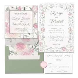 Convite Floral Frame Pink Roses and Greenery Romantic