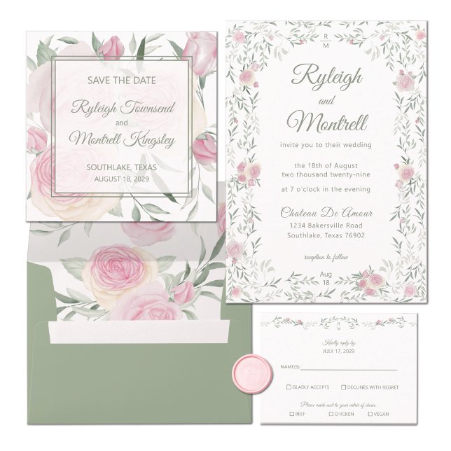 Convite Floral Frame Pink Roses and Greenery Romantic (Criador carregado)