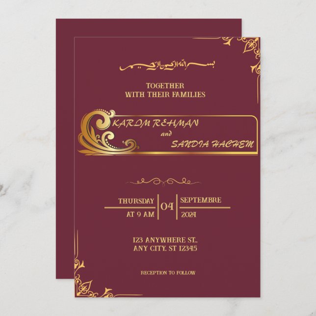 Convite Floral Frame Plum e Dourado Casamento Muçulmano Is (Frente/Verso)