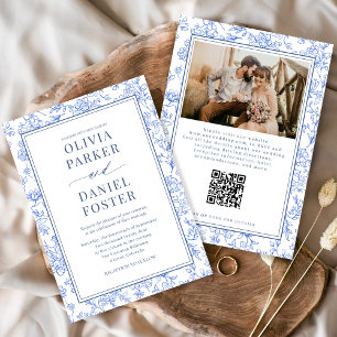 Convite Floral Francês Azul com Código QR Toile