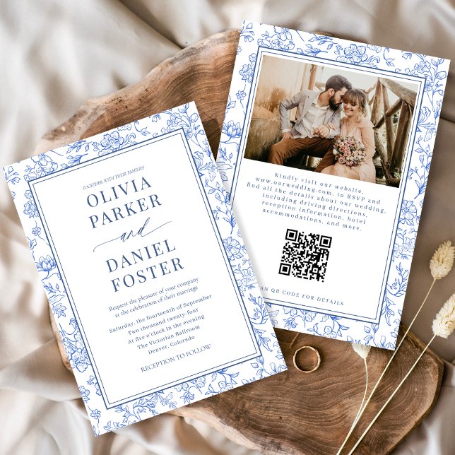 Convite Floral Francês Azul com Código QR Toile (Criador carregado)