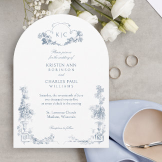 Convite Floral francês azul-poeirento elegante