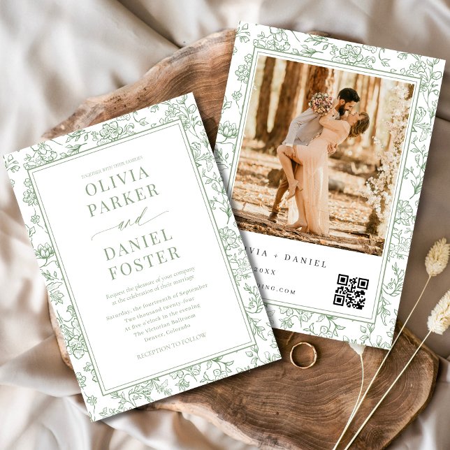 Convite Floral Francês Verde Sage com Código QR de (Criador carregado)