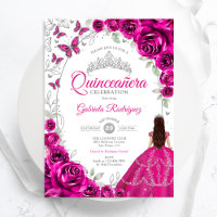 Floral Fuchsia Rosa Prata Quinceanera