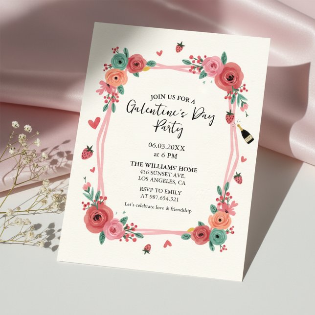 Convite Floral Galentines Day Party Pink Invitation (Celebrate friendship with this elegant Galentine's Day party invitation)