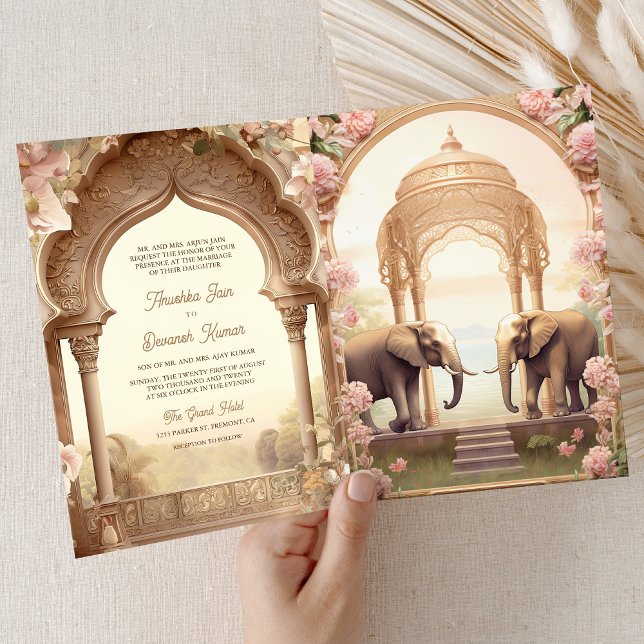 Convite Floral Garden Elephants Indian Palace Wedding (Criador carregado)