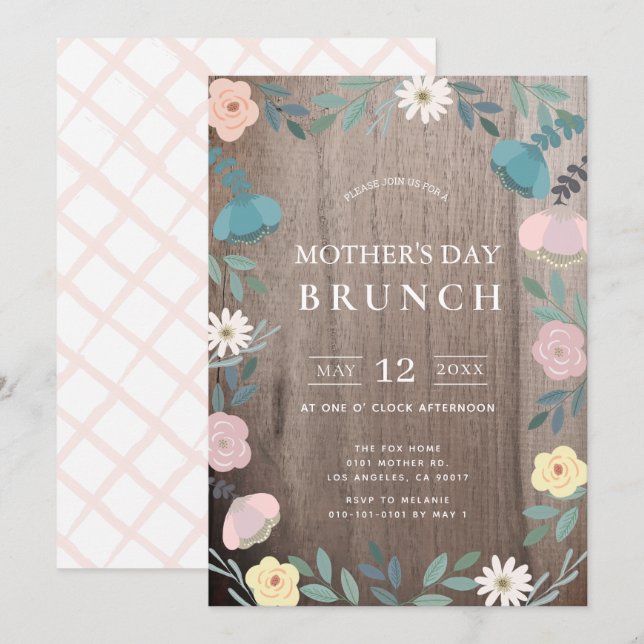 Convite Floral Garden Rustic Wood Dia de as mães Brunch (Frente/Verso)