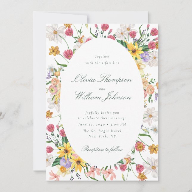 Convite Floral Garden Wedding Invitation with Oval Frame (Frente)