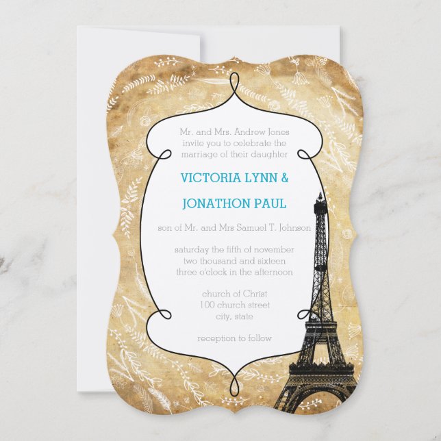 Convite Floral Garland Paris Destination Wedding (Frente)