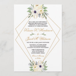 Convite Floral Geométrico Moderno, Branco e Dourad