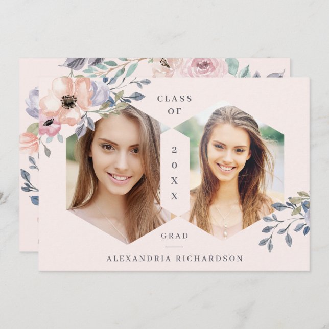 Convite Floral Geométrico Rosa Corado | Festa de Graduação (Frente/Verso)