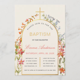 Convite Floral Girl Baptism Gold Cross Arch & Wildflowers
