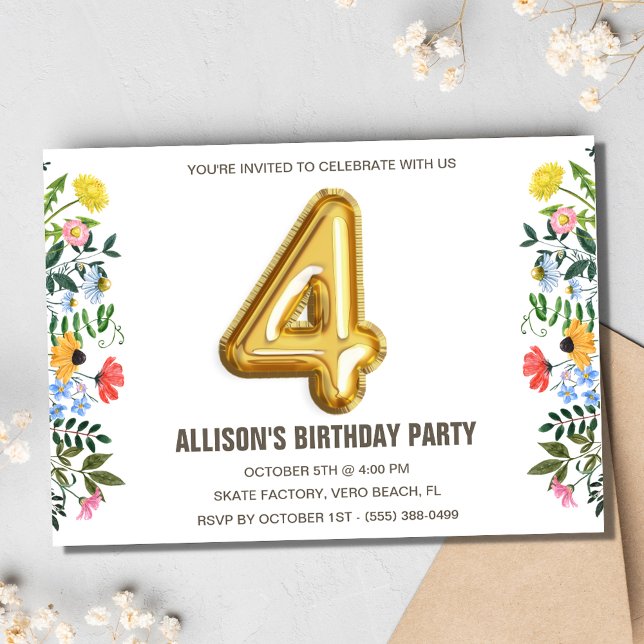 Convite Floral Girl Child 4th Balloon Festa de aniversário (Girls 4th Balloon Birthday Party Invitation)