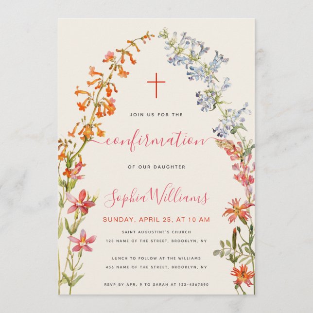 Convite Floral Girl Confirmation Wildflowers Watercolor  (Frente)
