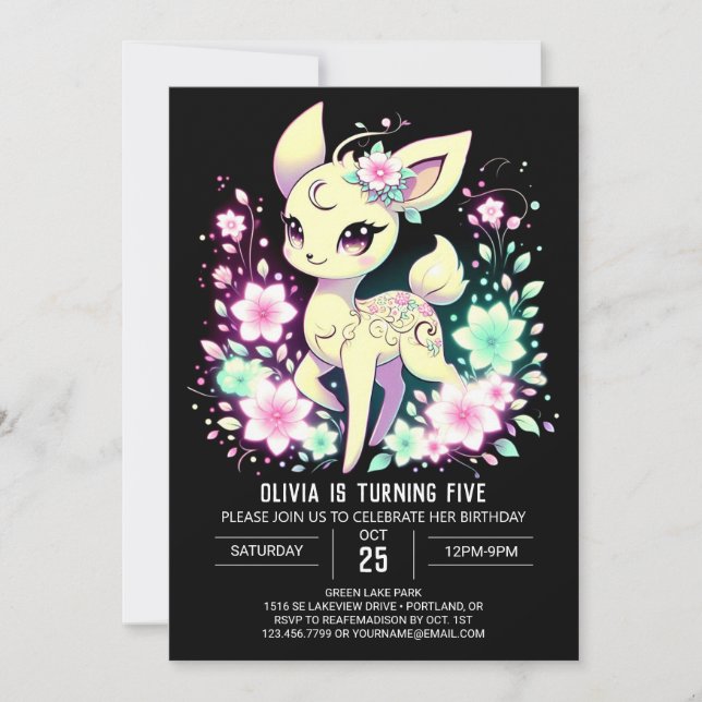 Convite Floral Girl Deer Digital Birday (Frente)