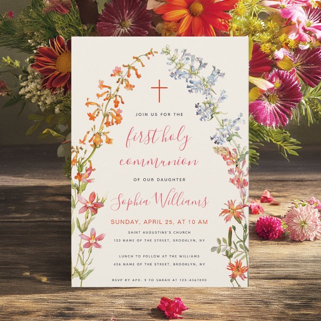 Convite Floral Girl First Communion Watercolor Wildflowers (Criador carregado)