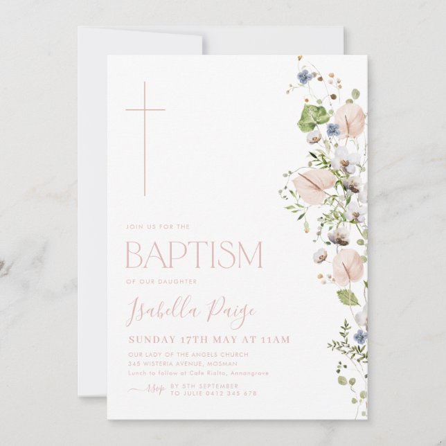 Convite Floral Girls Baptism Christening (Frente)