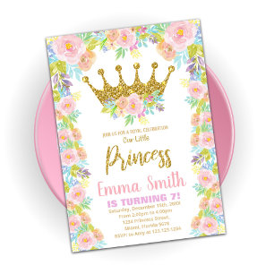 Convite Floral Glitter Coroa Princesa Conquistas de Aniver
